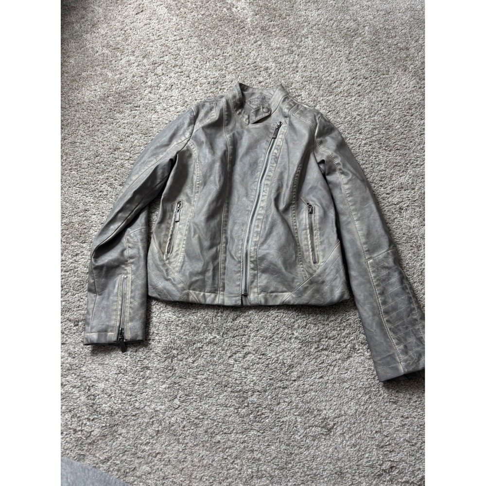 Joujou Womens Gray Faux Leather Moto Biker Jacket Distressed Size M 007-114306